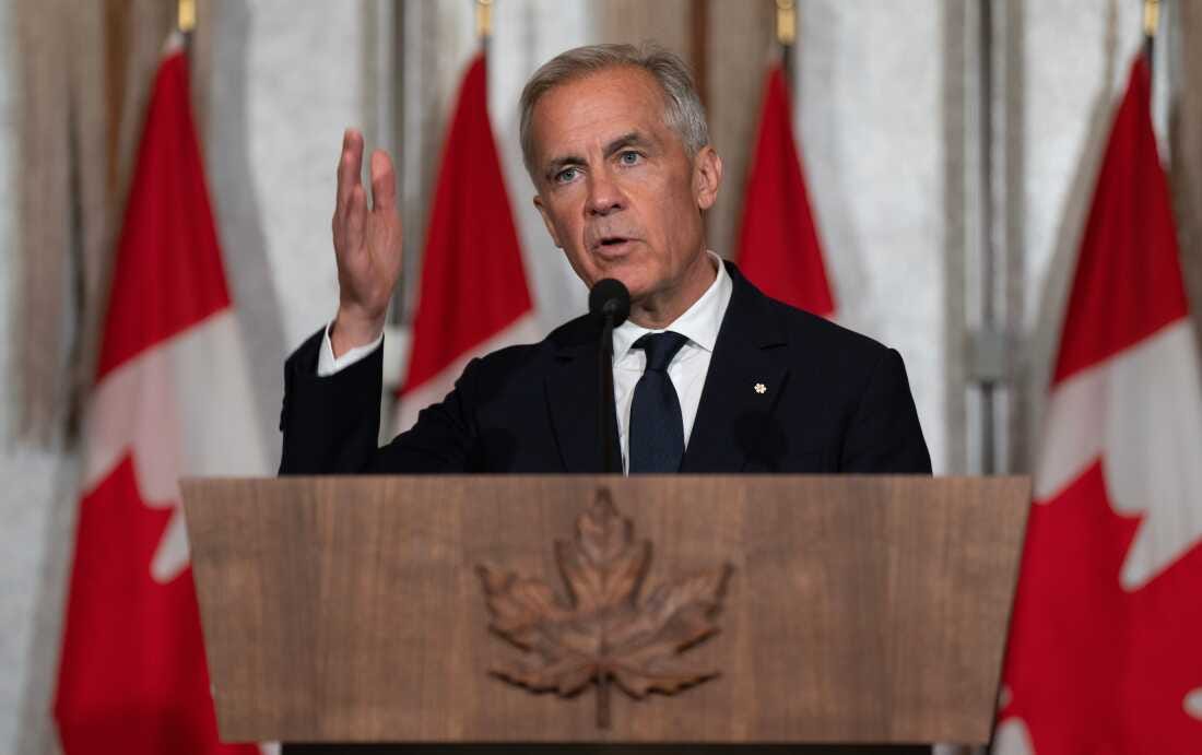 Canada Prime Minister Mark Carney speaks during a media availability in Jeddah, Saudi Arabia, Thursday, July 9, 2026.