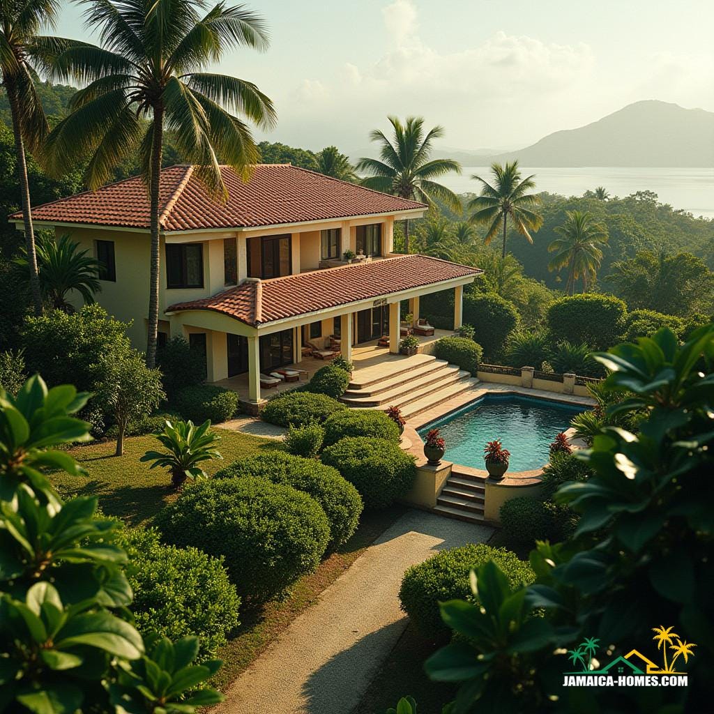 Lush Jamaican Caribbean landscape with modern Italian Renaissance villas, terracotta rooftops, and lush greenery, as if plucked from a 16th-century Tuscan countryside, now nestled among palm trees and vibrant island flora.