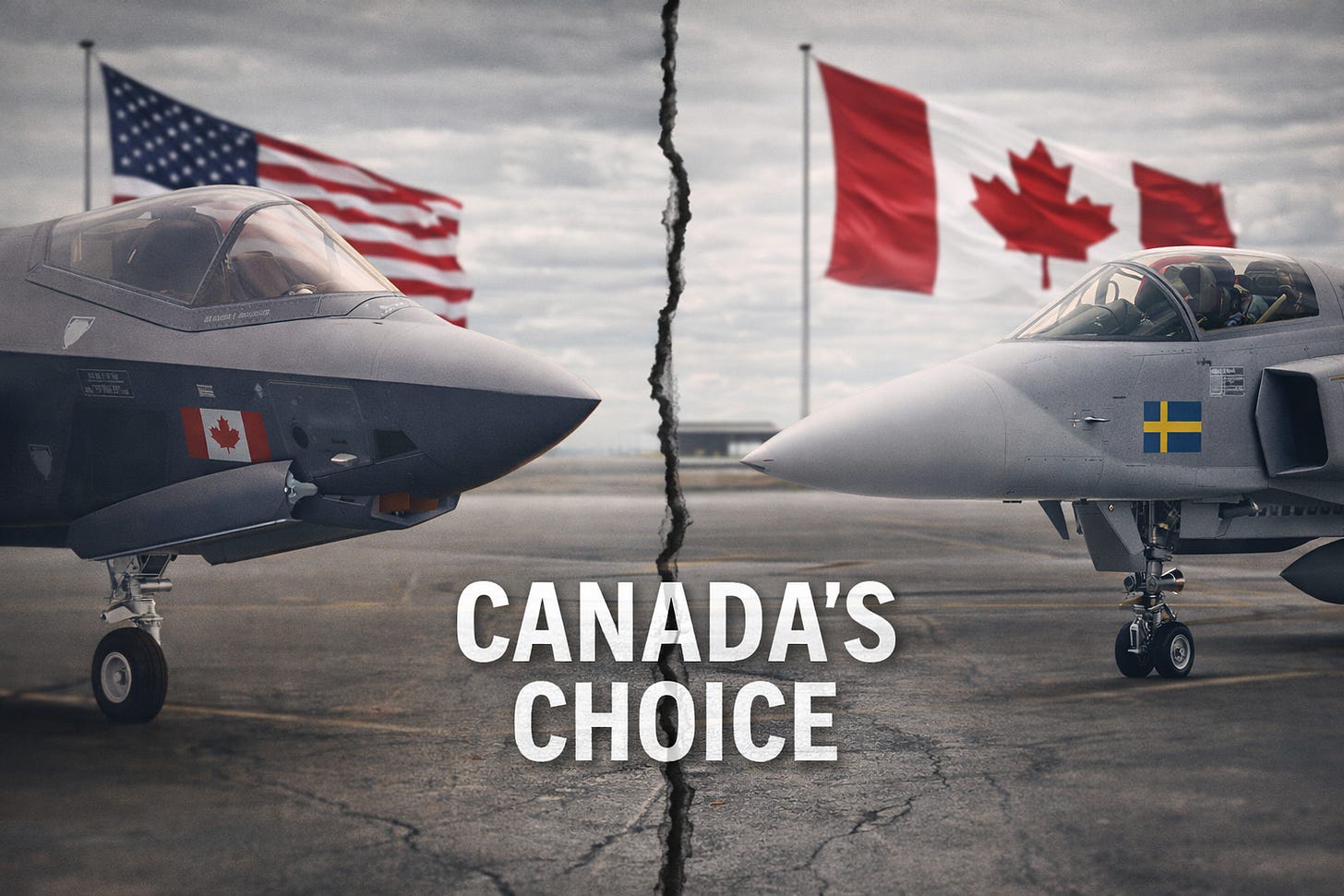 Split image showing two modern fighter jets facing each other on a runway. On the left, a dark grey stealth-style jet with a blurred U.S. flag in the background; on the right, a lighter grey jet with a blurred Canadian flag behind it. A visible crack runs down the centre of the image, visually dividing the two aircraft.
