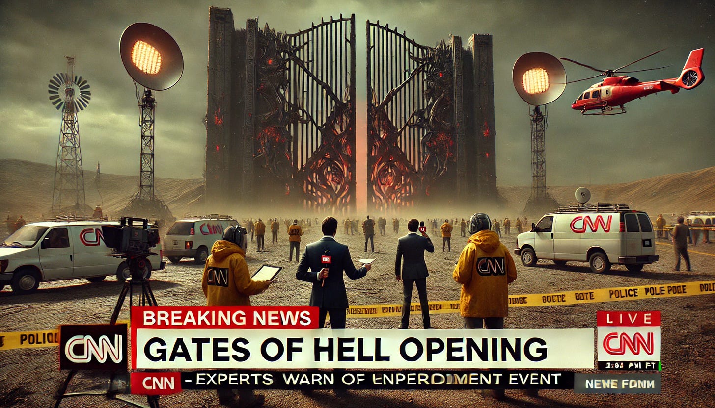 A CNN Breaking News live broadcast from the scene of a mysterious, colossal iron gate in a barren landscape. The screen is overlaid with a red "BREAKING NEWS" banner, and a lower-third news ticker reads: "Gates of Hell Opening – Experts Warn of Unprecedented Event." Reporters in suits and windbreakers hold microphones with network logos, standing near yellow police tape. Cameramen operate large broadcast cameras on tripods, and satellite vans with extended dishes flank the site. A live feed window shows a close-up of the twisted, demonic symbols on the gate, glowing faintly. News helicopters hover above, their searchlights sweeping the scene. The atmosphere is tense, with people pointing at a faint red glow flickering through the slight gap in the towering iron doors. The wind kicks up dust, and the world watches in real-time, unsure of what will come next.