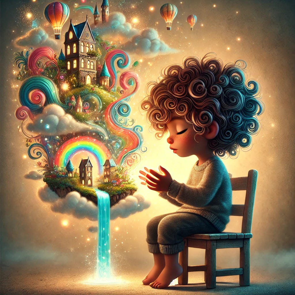A whimsical, storybook-style illustration of a mixed-race boy with long, curly hair sitting on a small wooden stool. The boy’s eyes are closed in deep concentration, and he is surrounded by a glowing aura of imagination. Above his head, vibrant, swirling shapes and miniature, floating landscapes begin to form—tiny castles perched on clouds, cascading waterfalls flowing into the sky, and floating islands connected by rainbow bridges. His hands are gently cupped, as if holding this magical realm in place. The scene is softly lit with a warm, golden glow, and the background is slightly blurred, emphasizing the dreamlike quality of the boy’s imaginary world.