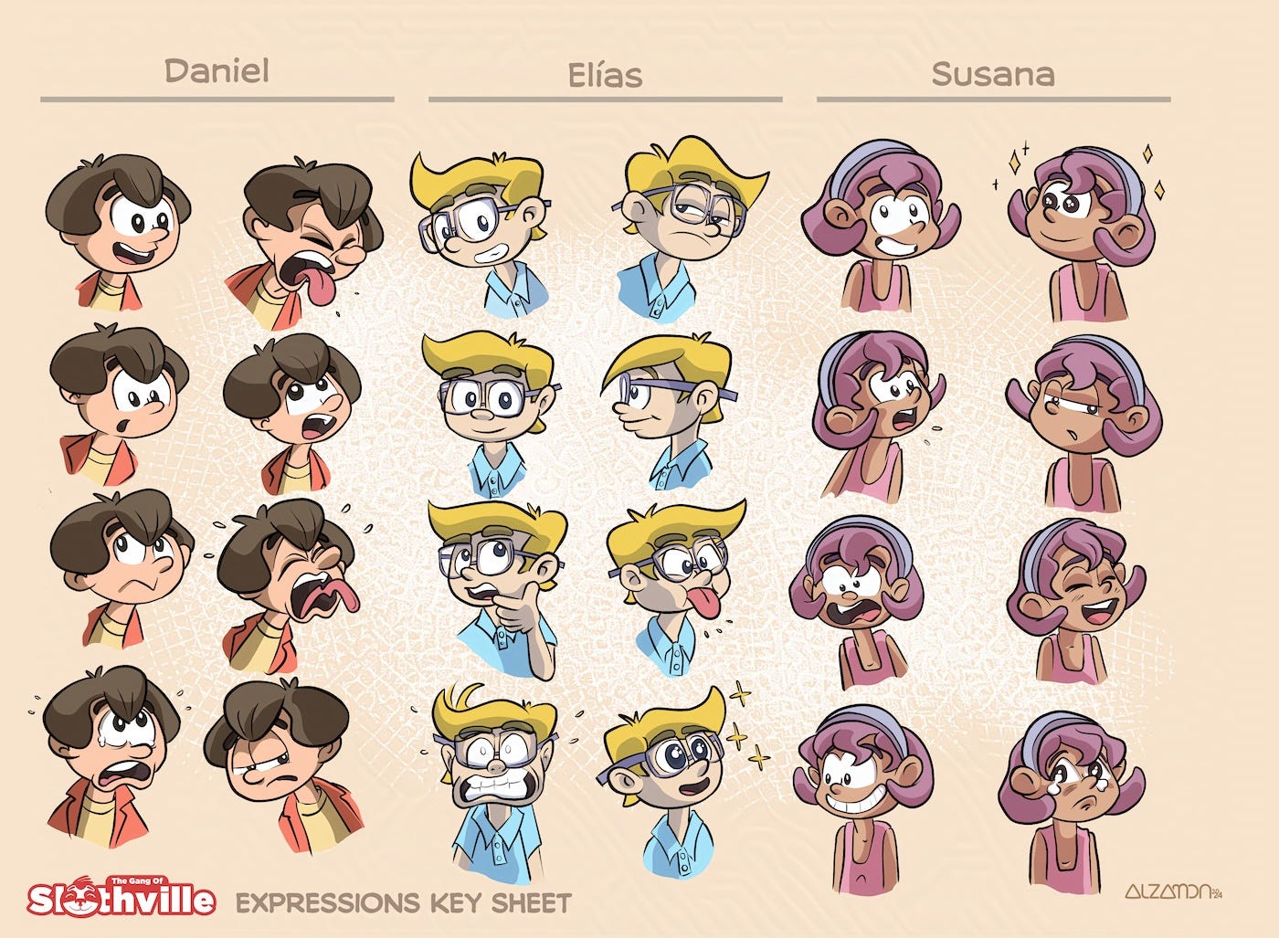 Expressions Model Sheet for my main kid characters Daniel, Elias and Susana.