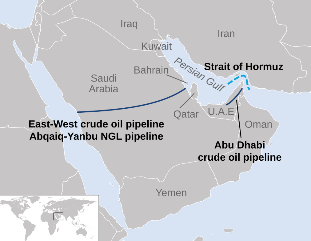 Map showing oil pipelines and Strait of Hormuz in the Middle East Map showing oil pipelines and Strait of Hormuz in the Middle East