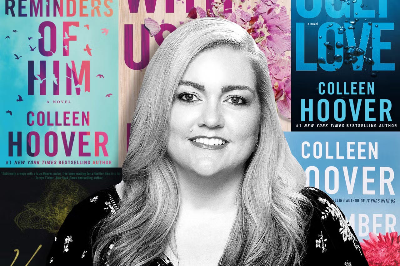 An image of Colleen Hoover with her book covers in the background.
