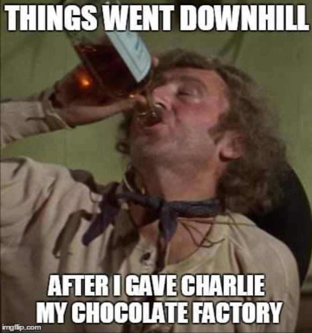 May be an image of 1 person and text that says 'THINGS WENT DOWNHILL AFTER I GAVE CHARLIE MY CHOCOLATE FACTORY mgtip.'