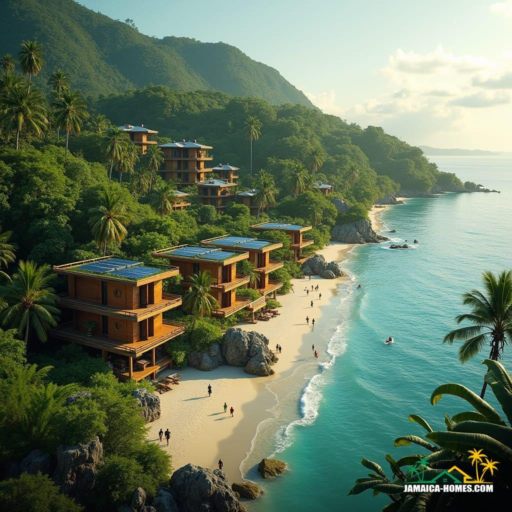 A serene Jamaican coastline with lush greenery and crystal-clear waters, featuring an eco-resort with solar-powered villas, crafted from reclaimed wood and sustainable materials, blending seamlessly into the surroundings. Rainwater harvesting systems and lush green roofs harmonize with the natural landscape, as tourists and locals alike enjoy the tranquil atmosphere. Cinematic lighting dances across the scene, with warm hues of golden hour casting a magical glow, reminiscent of a Stanley Kubrick film.