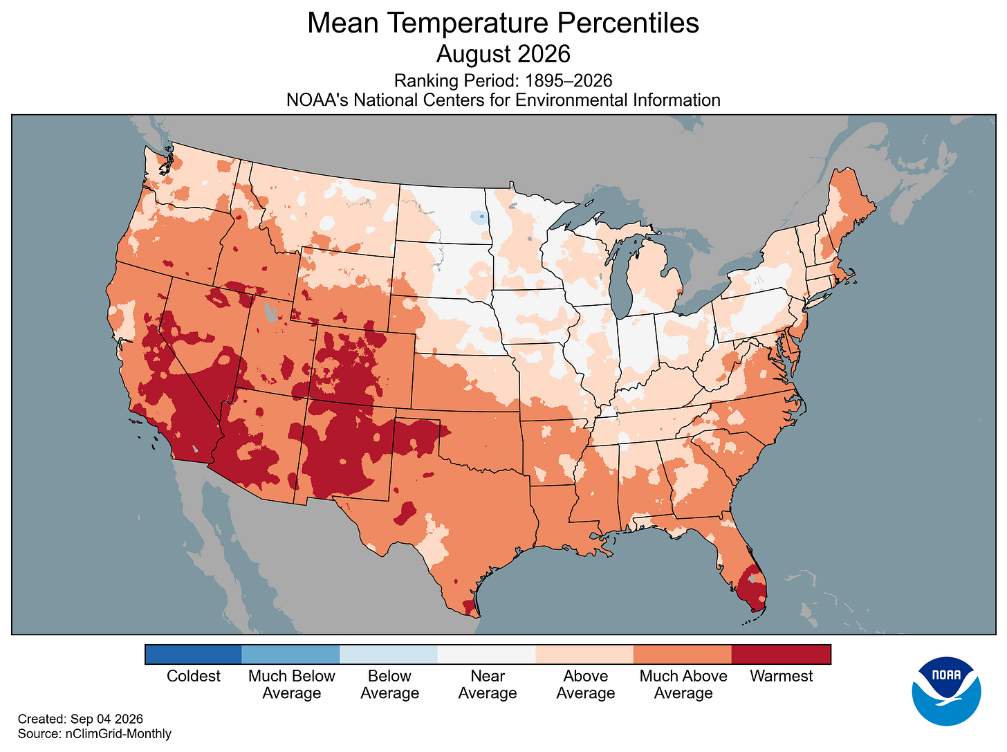 Map of the U.S. showing temperature percentiles for August 2026 with warmer areas in gradients of red and cooler areas in gradients of blue. Map of the U.S. showing temperature percentiles for August 2026 with warmer areas in gradients of red and cooler areas in gradients of blue.
