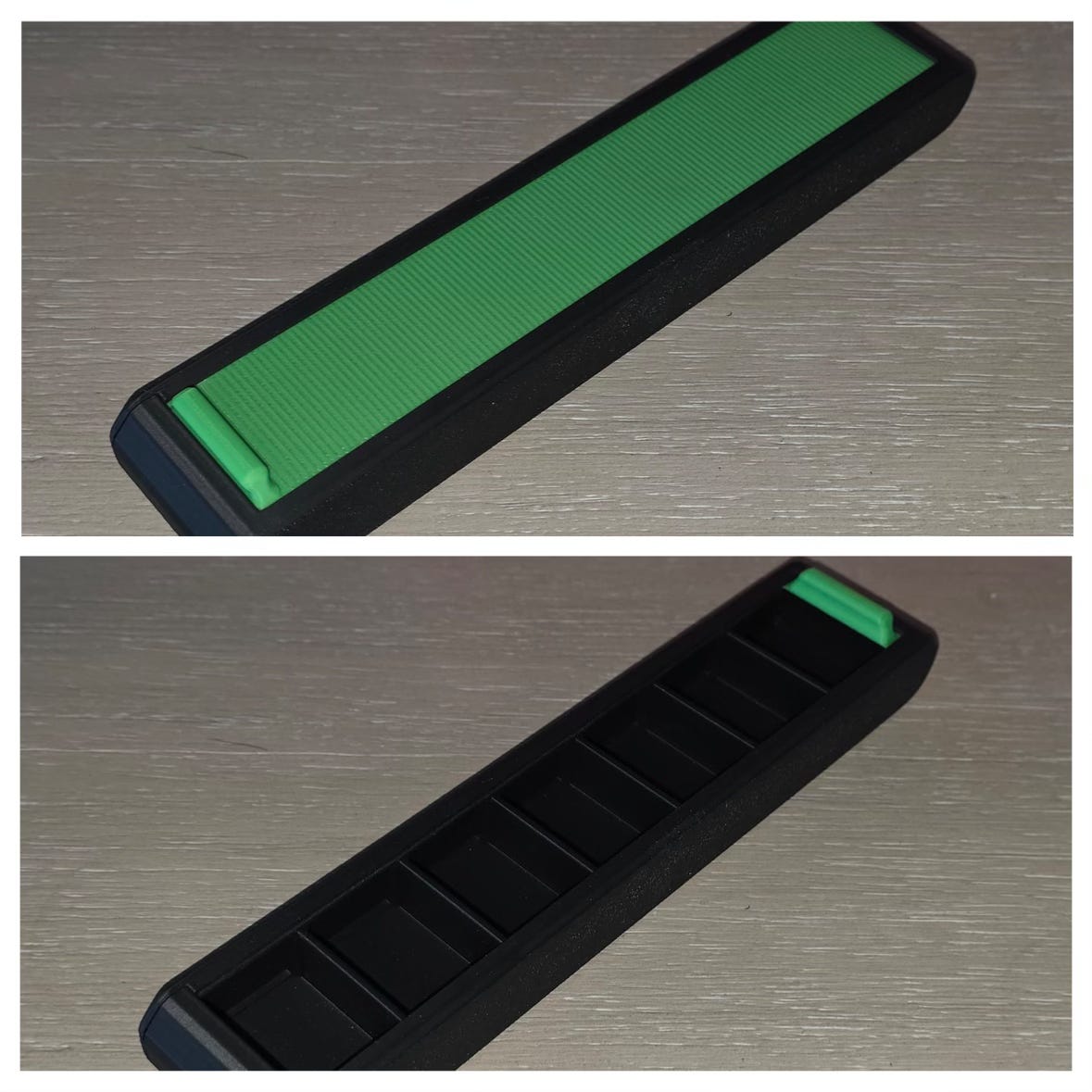 A small, black pill organizer with a green strip cover.