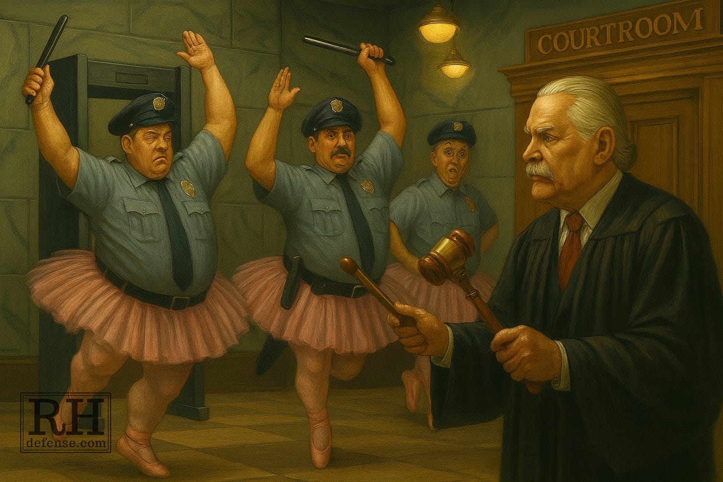 A courtroom lobby painted in a realistic, classical oil style. Several uniformed security guards stand near a metal detector, performing dramatic, exaggerated gestures as if part of a stage performance. A judge at the center raises a gavel like an orchestra conductor, directing the scene with solemn intensity under warm golden lighting.