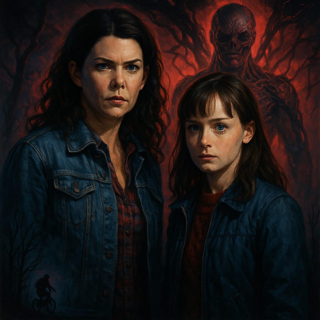 AI-Generated Fan Art Crossover of Lorelai Gilmore and Rory Gilmore in the Upside Down of Stranger Things with Vecna looming behind them | rmrk*st | Remarkist Magazine