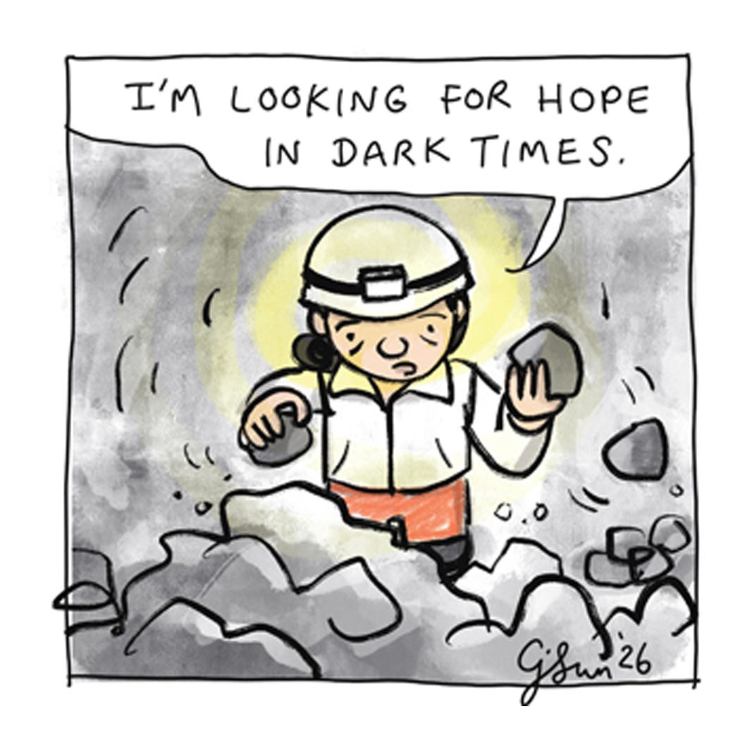 Panel 2 of a 6-panel comic strip about an introvert looking for hope in dark times. Titled "All In An Introvert Day's Work," 2026. Original art by Connie Sun, cartoonconnie.