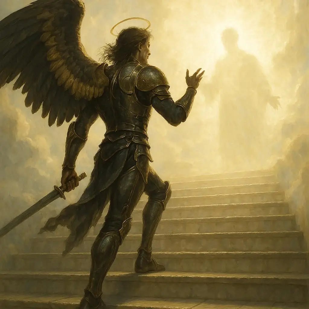 a lean warrior angel in gold and black armor walking up a star case and arguing with a silhouette of bright light . realistic. heavenly. in heaven.