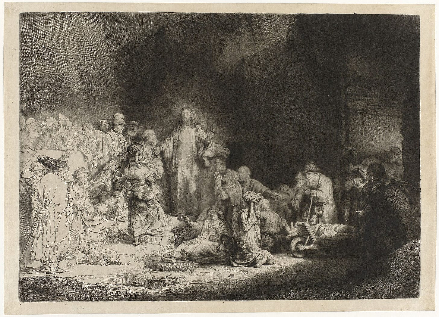 Rembrandt, Christ Preaching (The Hundred Guilder Print), about 1646 to 1650. Etching, engraving and drypoint. Rijksmuseum, Amsterdam.