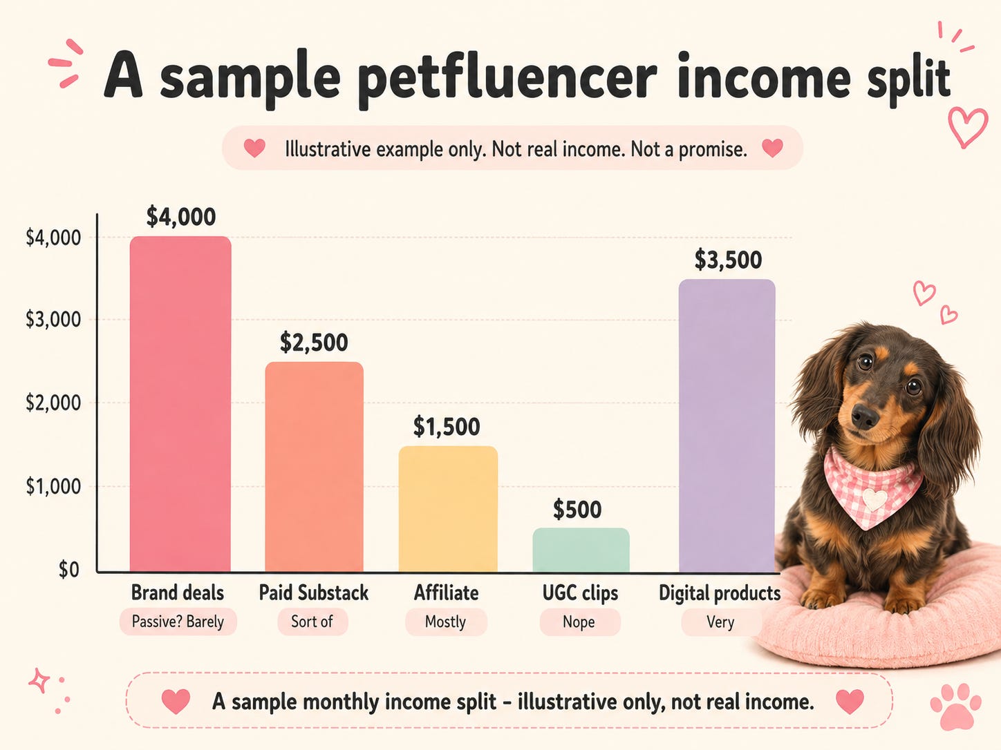 A sample petfluencer income split (illustrative only, not real income): brand deals $4,000, digital products $3,500, paid Substack $2,500, affiliate $1,500, UGC clips $500 — each labeled by how passive it is. A sample petfluencer income split (illustrative only, not real income): brand deals $4,000, digital products $3,500, paid Substack $2,500, affiliate $1,500, UGC clips $500 — each labeled by how passive it is.