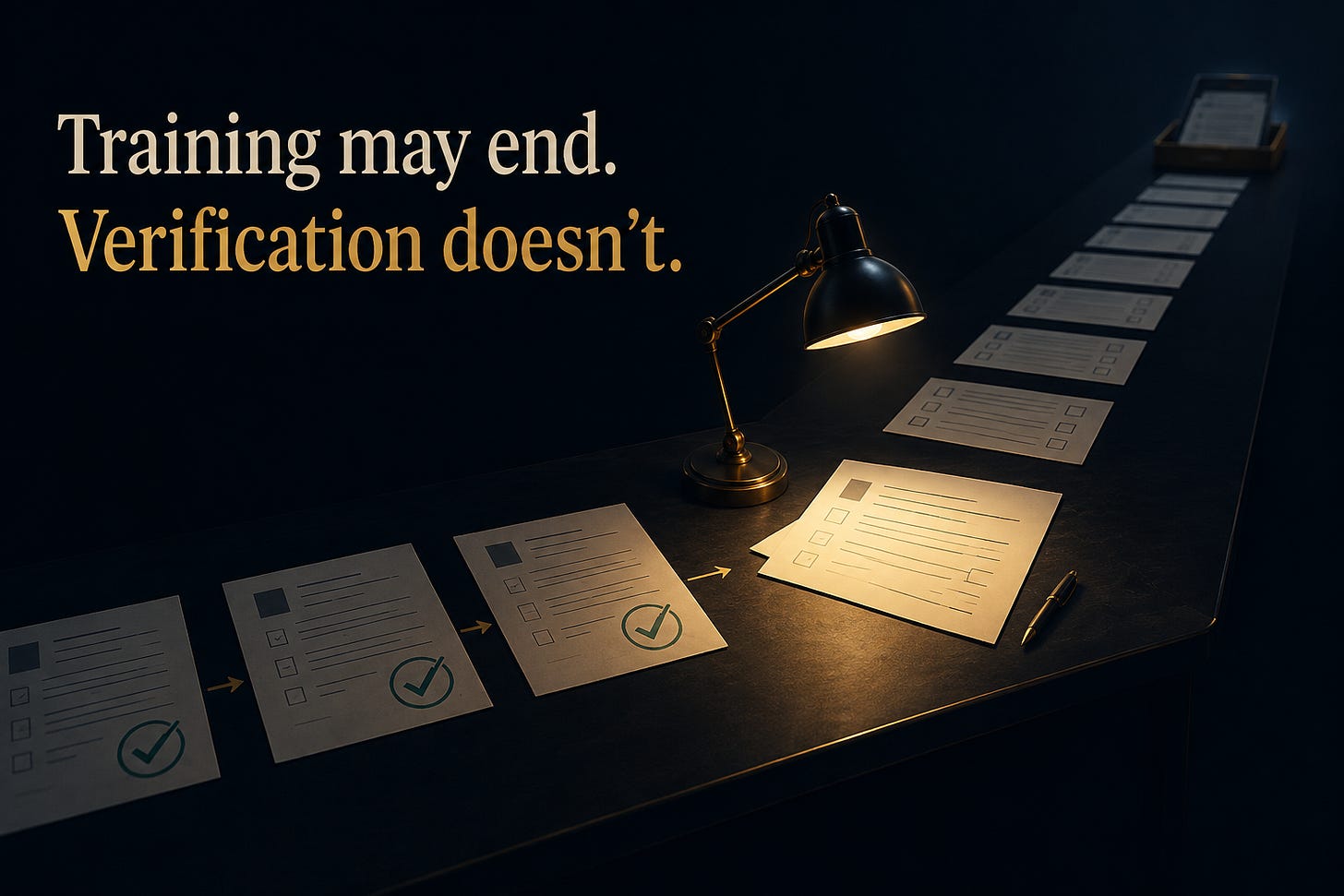 Endless AI verification workflow with reviewed documents continuing under a desk lamp. Endless AI verification workflow with reviewed documents continuing under a desk lamp.