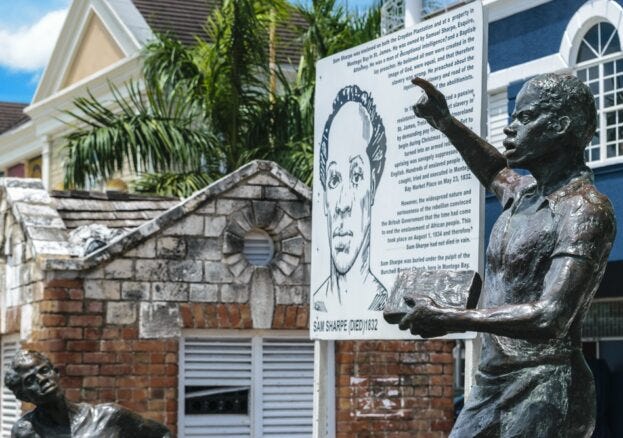 Sculpture monument of Jamaican National Hero Samuel Sharpe in Sam Sharpe Square, downtown Montego Bay, Jamaica
