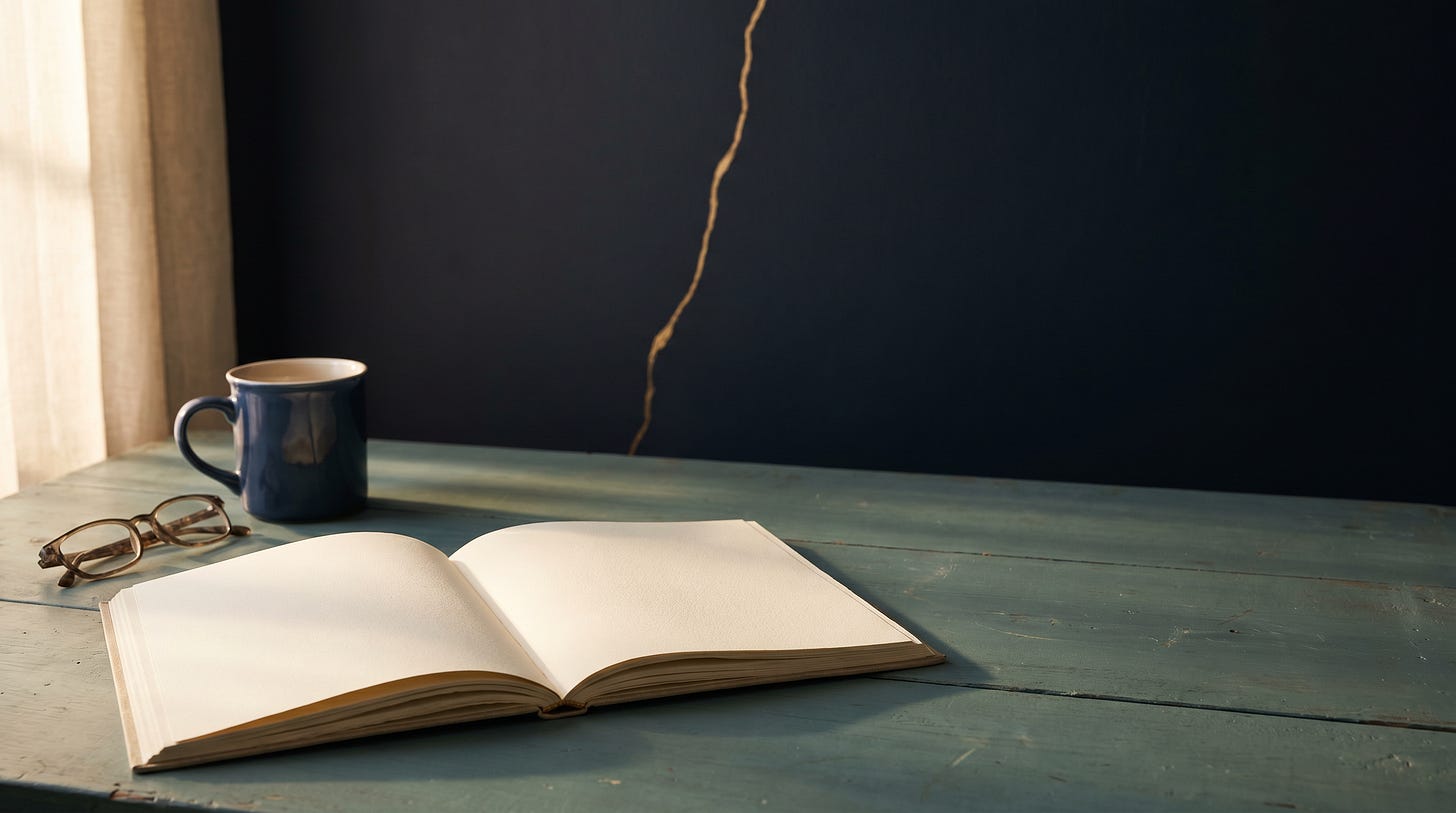 A blank open journal on a simple surface with soft natural light and a subtle golden fracture line running through the background, symbolizing the space for honesty before answers.