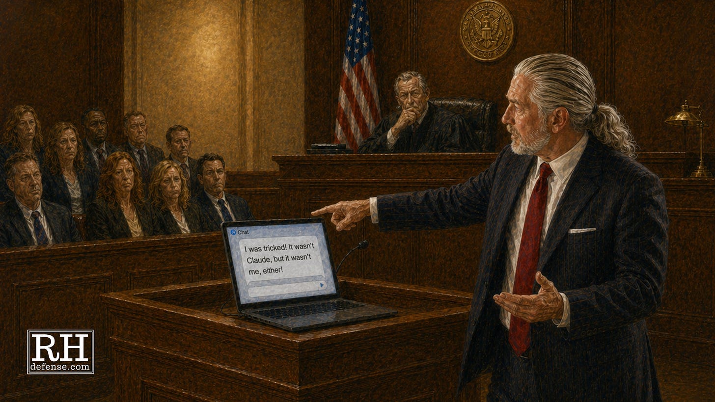 A watercolor-style courtroom scene showing Rick Horowitz questioning a laptop placed on the witness stand while the laptop screen says it was tricked into confessing.