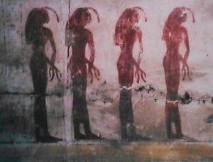 Four mourners for Osiris. Temple of Abydos. Ancient Egypt.