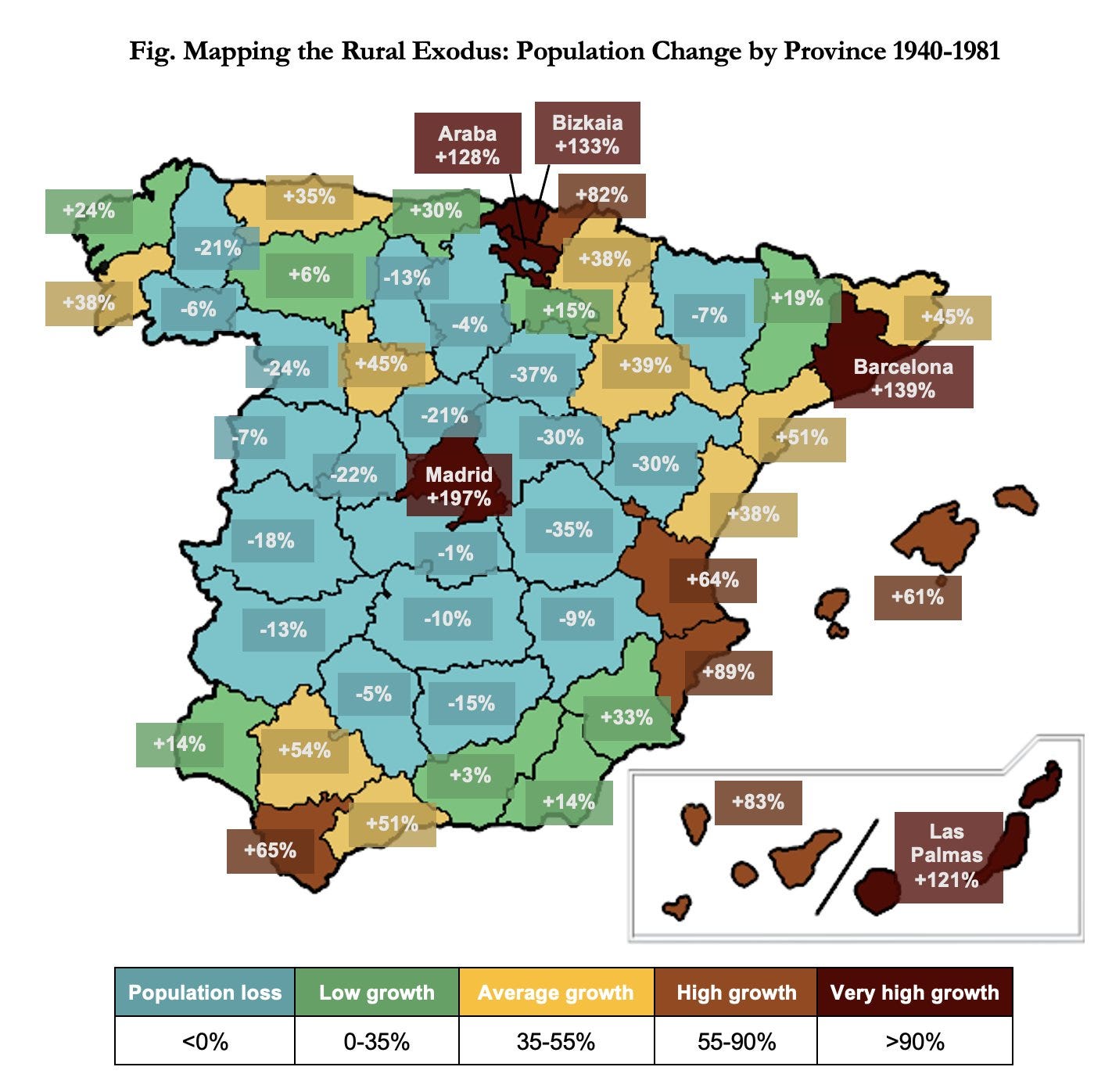 r/MapPorn - Spain's rural exodus in the mid-20th century