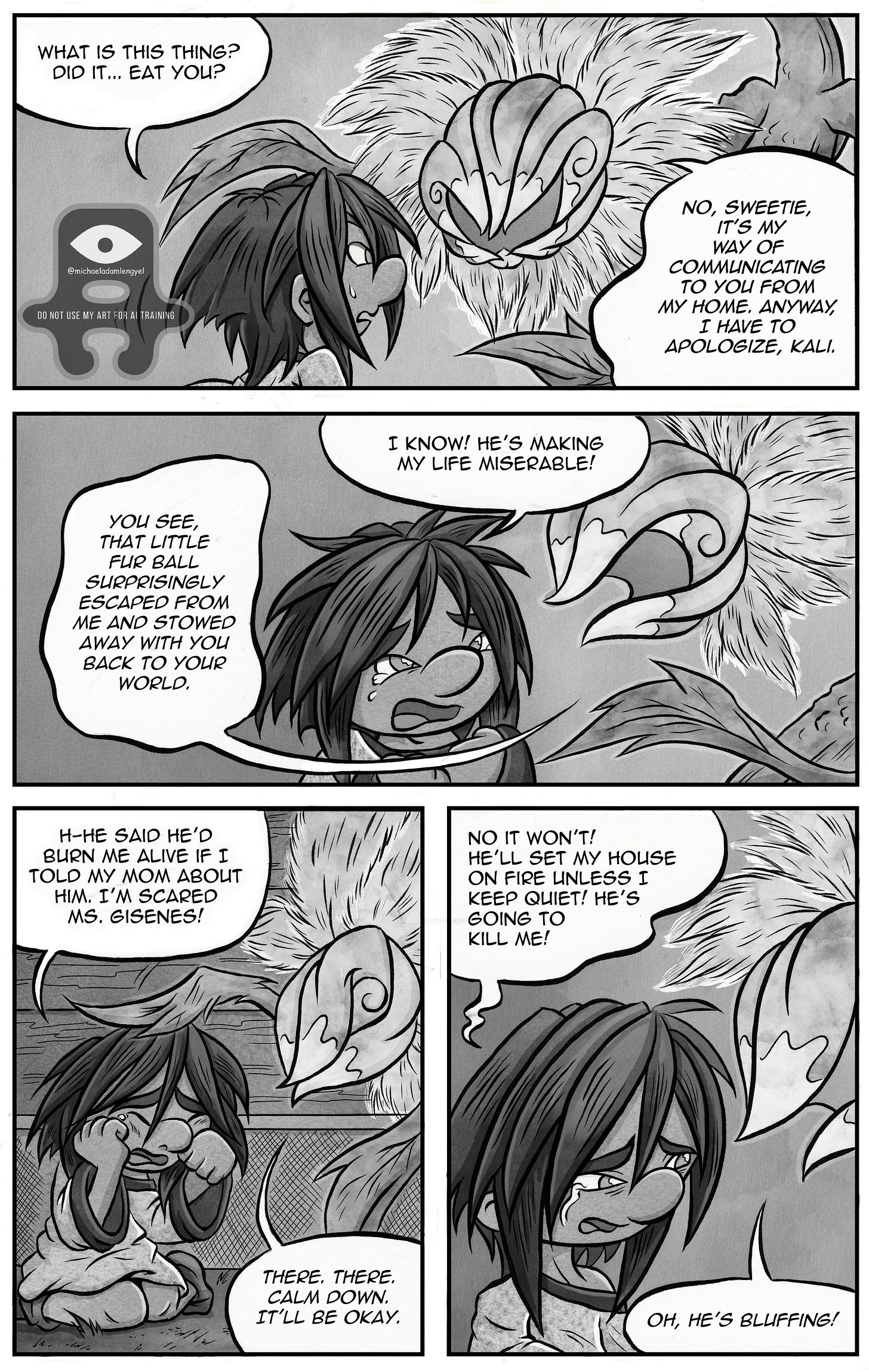 Kali tearfully tells Gisenes about the threats from the spirit haunting her. Gisenes tries to reassure her, but Kali fears for her life. Kali tearfully tells Gisenes about the threats from the spirit haunting her. Gisenes tries to reassure her, but Kali fears for her life.