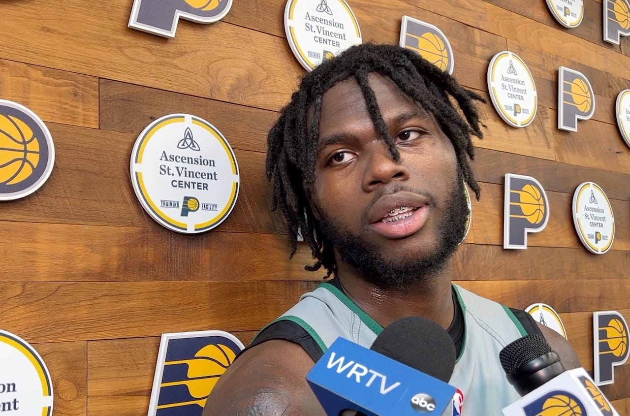 Kentucky wing Chris Livingston talks to reporters after his workout for the Pacers in Indy.