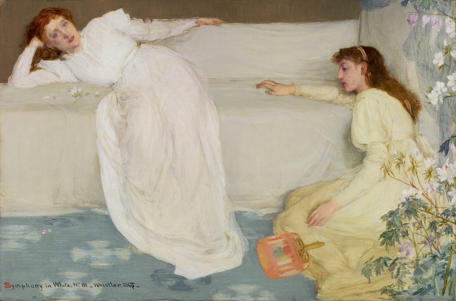 Two women in white dresses recline listlessly on a white sofa, one leaning against the seat, the other on the floor beside a fan. Painting by James McNeill Whistler, 1867.