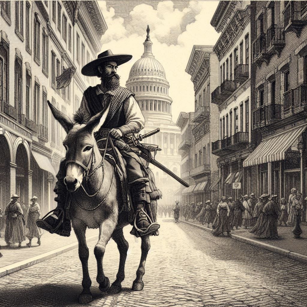 AI generated etching of Sancho Panza riding his donkey through the streets of Washington, D.C.