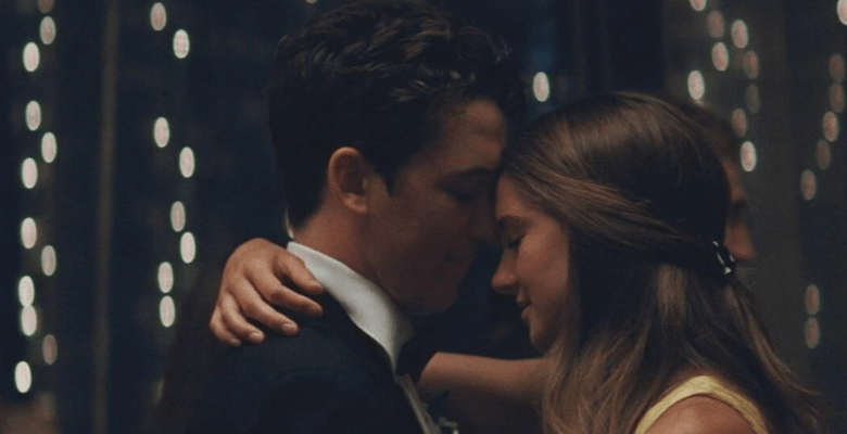in a still from the spectacular now, miles teller and shailene woodley dance together, touching foreheads.