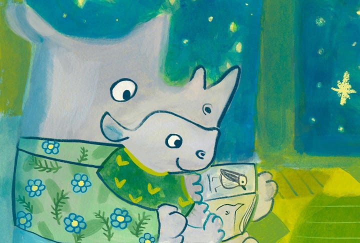 Illustrations of rhinos reading and dogs doing random things