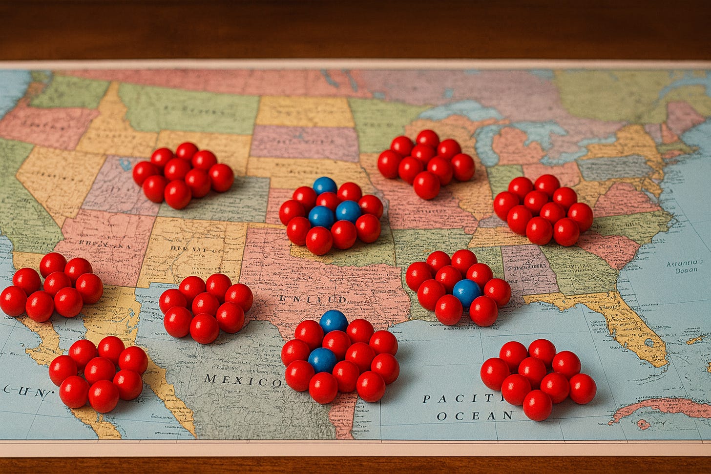 A stylized pile of red and blue gum balls representing vote distribution, used to illustrate how random districting creates non-proportional election outcomes.