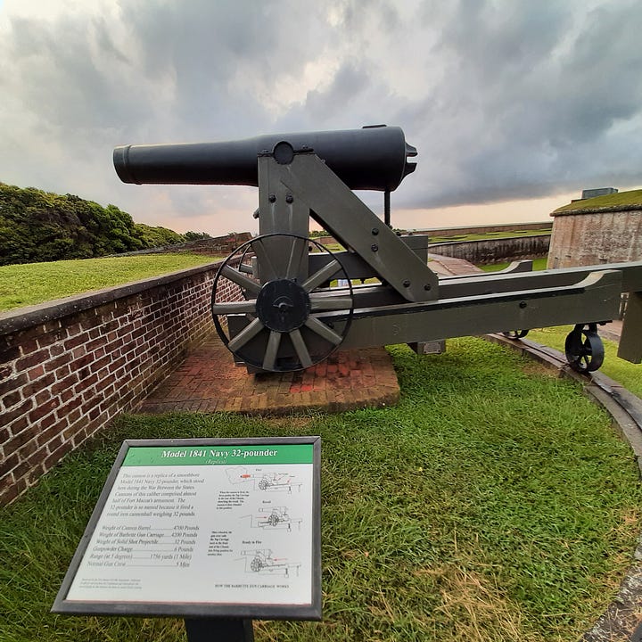 Different kinds of artillery pieces, both large and small.