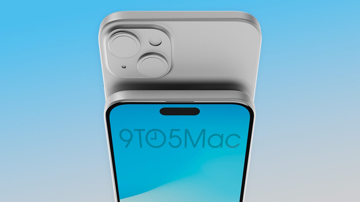 iPhone 15 Plus partially pictured from the front and back, with about half the screen showing (including dynamic island) and the top third of the back peeking over from behind iPhone 15 Plus partially pictured from the front and back, with about half the screen showing (including dynamic island) and the top third of the back peeking over from behind