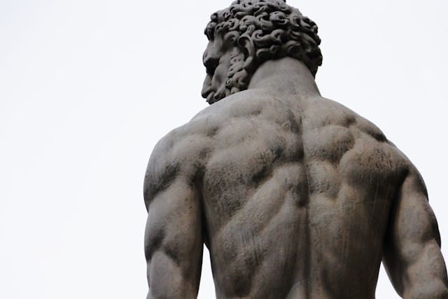Photo of a Greek statue of a male, back upper torso with head slightly turned. 
