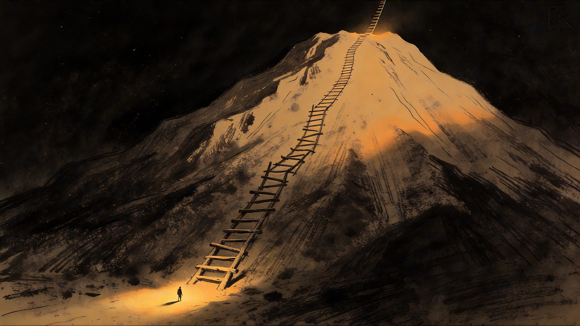 A lone figure stands tiny at the foot of an immense dark mountain. An old, irregular ladder climbs out of the mountain and rises off the top of the frame into black, with no visible top. Warm-amber charcoal.