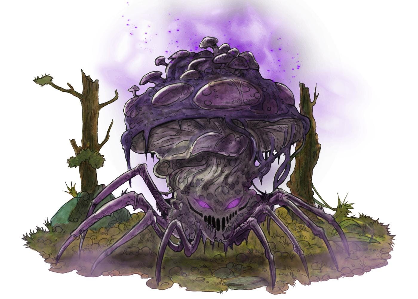 Fantasy illustration of a monstrous spider-like creature with a giant, purple mushroom-covered body. It has glowing purple eyes, a skeletal grin, and emits a sinister purple mist. The background features a dark, eerie forest with dead trees and scattered rocks.