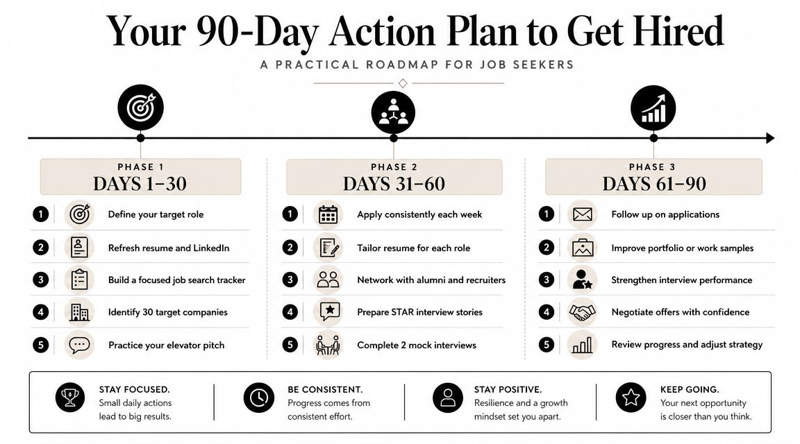 A 90-day action plan roadmap for job seekers divided into three phases with specific actionable tasks. A 90-day action plan roadmap for job seekers divided into three phases with specific actionable tasks.
