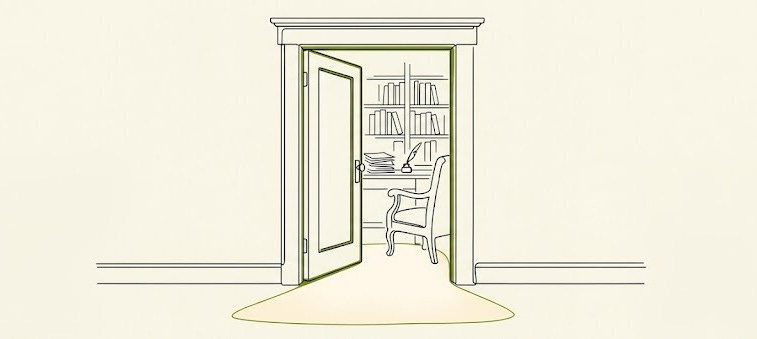 Black-and-cream line illustration: a partially open doorway opens onto a quiet study with a desk, bookshelves, and an empty chair ready for the viewer to sit in.