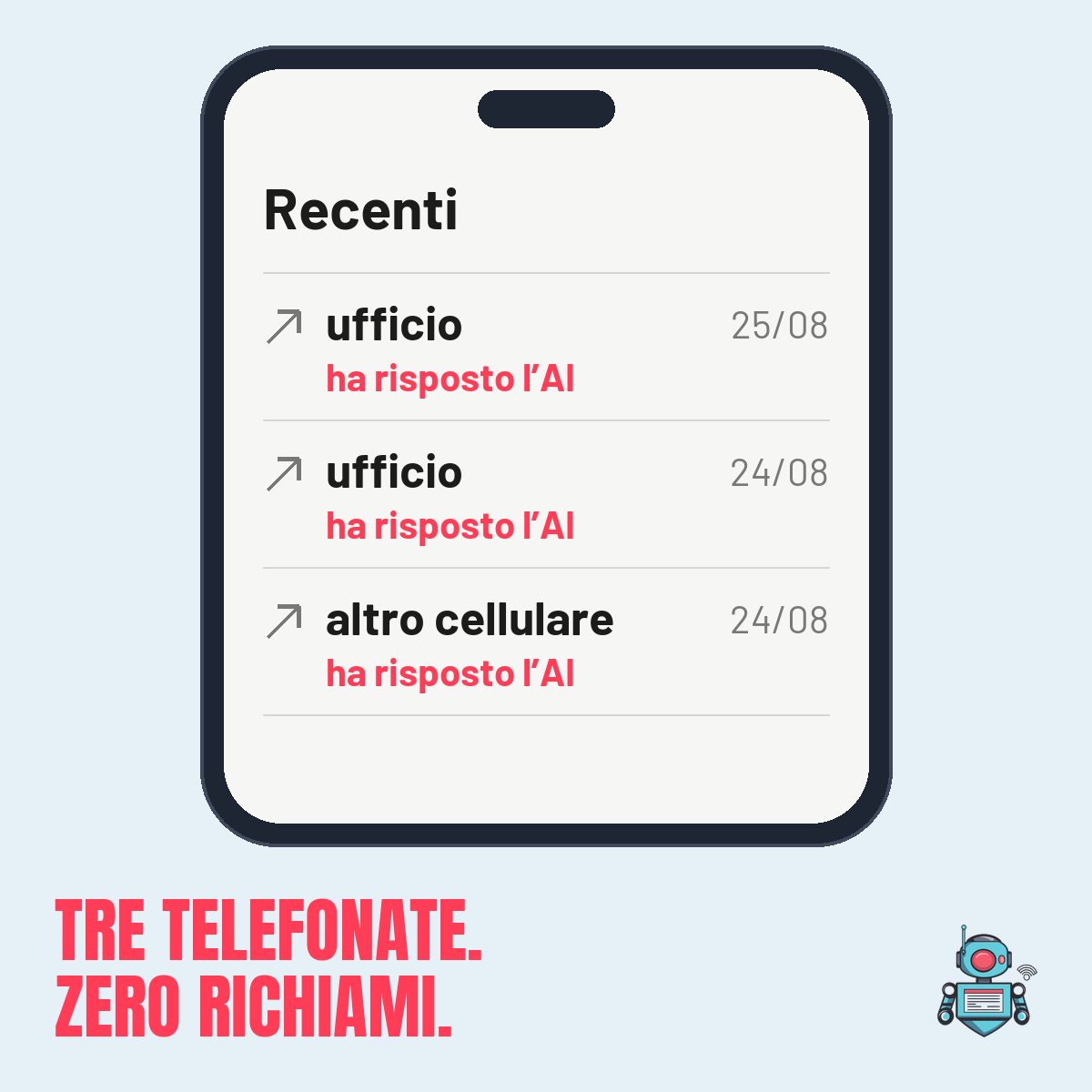 Registro delle chiamate con tre telefonate a un’azienda in due giorni, tutte prese dal centralino con l’AI