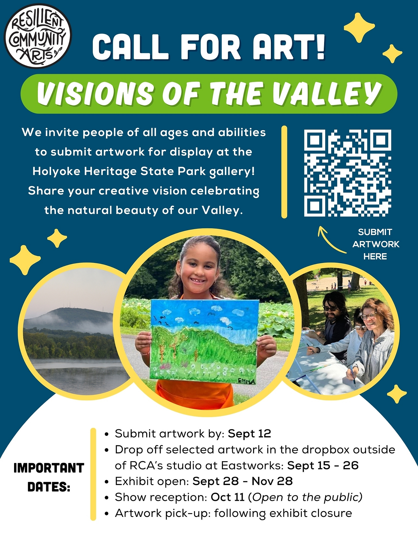 All text in body copy below. Blue background with people making art, a child showing their artwork, and landscape photograph