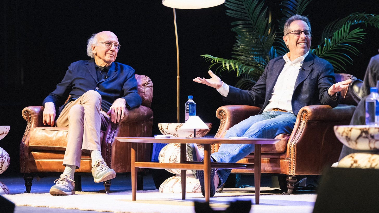From left: Larry David and Jerry Seinfeld at the Netflix Is a Joke Festival Presents: 'Rushmore Podcast Live' on May 4 at the Saban Theatre in Beverly Hills.
