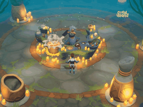 a video game called coral island shows a man standing in a circle surrounded by candles a video game called coral island shows a man standing in a circle surrounded by candles