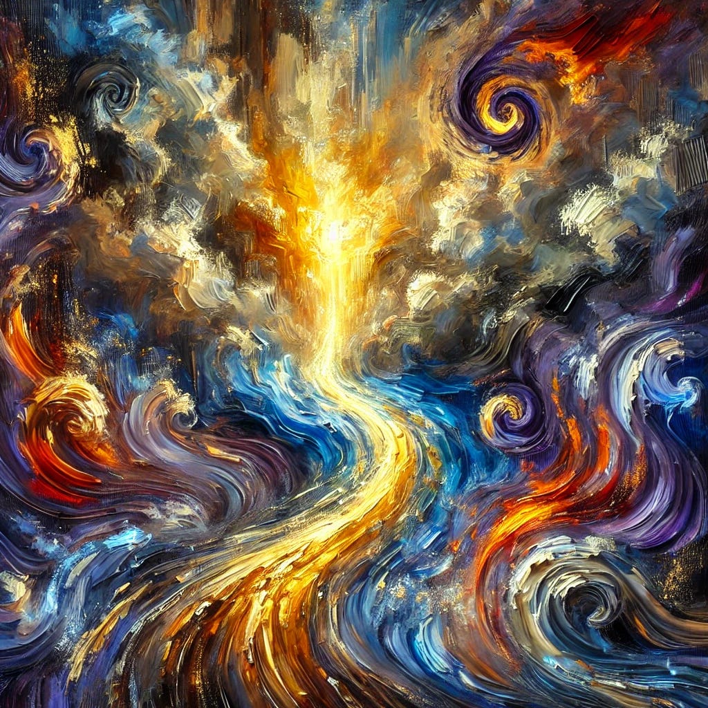 An abstract oil painting with thick, expressive brush strokes, symbolizing the journey of self-discovery through journaling. The composition features a luminous golden pathway emerging from a swirling sea of deep blues, purples, and rich earth tones, representing thoughts and emotions flowing onto the page. Hints of vibrant red and fiery orange streaks evoke passion, transformation, and inner awakening. The textured brushwork creates a sense of movement, as if the painting itself is alive with the energy of creative expression. An abstract oil painting with thick, expressive brush strokes, symbolizing the journey of self-discovery through journaling. The composition features a luminous golden pathway emerging from a swirling sea of deep blues, purples, and rich earth tones, representing thoughts and emotions flowing onto the page. Hints of vibrant red and fiery orange streaks evoke passion, transformation, and inner awakening. The textured brushwork creates a sense of movement, as if the painting itself is alive with the energy of creative expression.