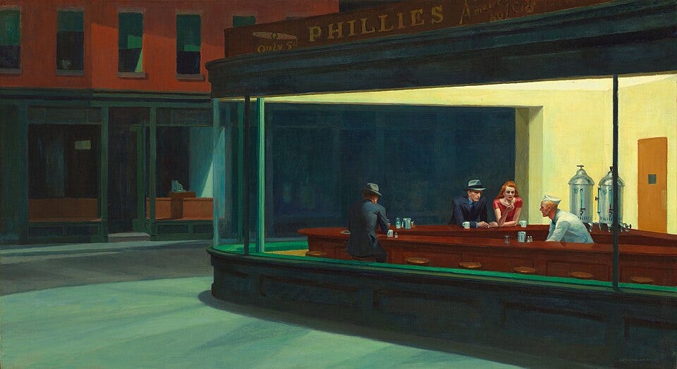 Edward Hopper's Nighthawks: a counterman in white works behind the counter of a lit corner diner at night Edward Hopper's Nighthawks: a counterman in white works behind the counter of a lit corner diner at night