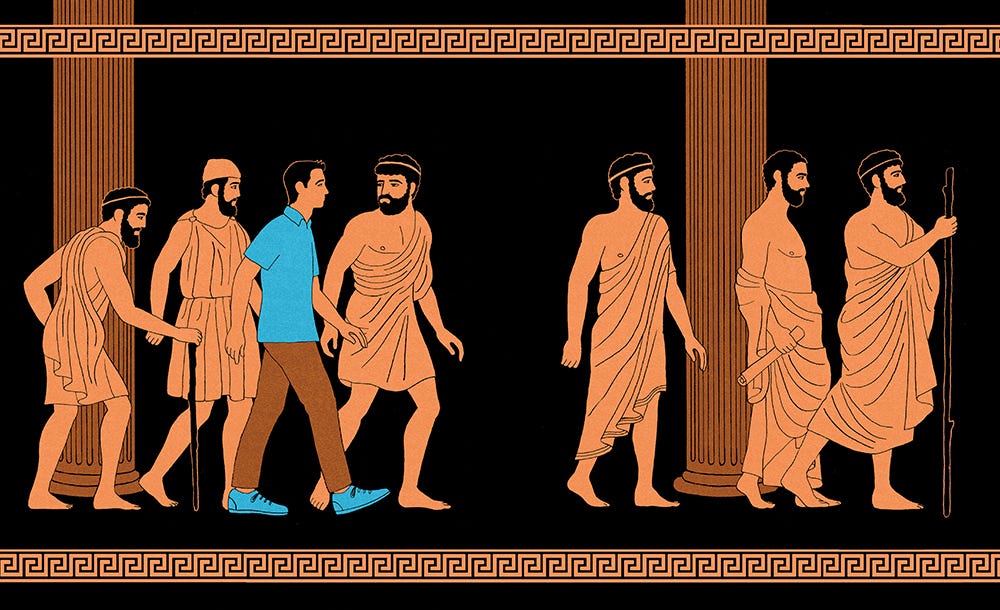 An illustration of a modern mad walking among men in robes from Ancient Greece An illustration of a modern mad walking among men in robes from Ancient Greece