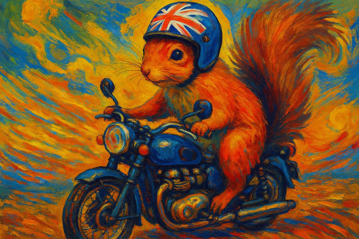 Expressionist painting of a squirrel riding a blue motorcycle, wearing a Union Jack helmet. The scene swirls with fiery orange, yellow, and blue brushstrokes, giving a sense of wild speed and surreal energy. Expressionist painting of a squirrel riding a blue motorcycle, wearing a Union Jack helmet. The scene swirls with fiery orange, yellow, and blue brushstrokes, giving a sense of wild speed and surreal energy.