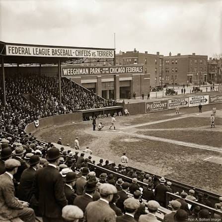 Image of Weeghman Park third base line in 1914. Image of Weeghman Park third base line in 1914.