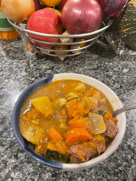 images of 1) the gathered ingredients, 2) the floured meat in a big pot, 3) the added mirepoix, 4) the added herbs and broth, 5) the added vegetables, 6) the completed bowl of stew in a blue ceramic bowl