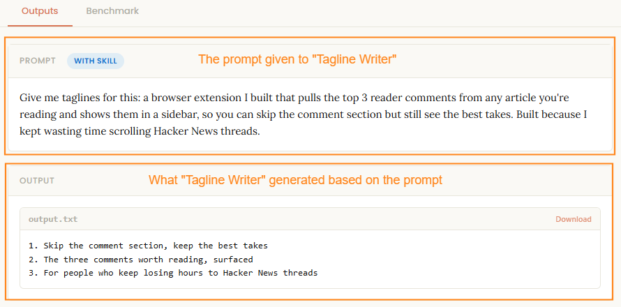 Close-up of a single Skill Creator test run: the prompt asks Tagline Writer for taglines for a browser extension that surfaces the top three Hacker News comments in a sidebar, and the skill outputs three numbered taglines in an output.txt block.