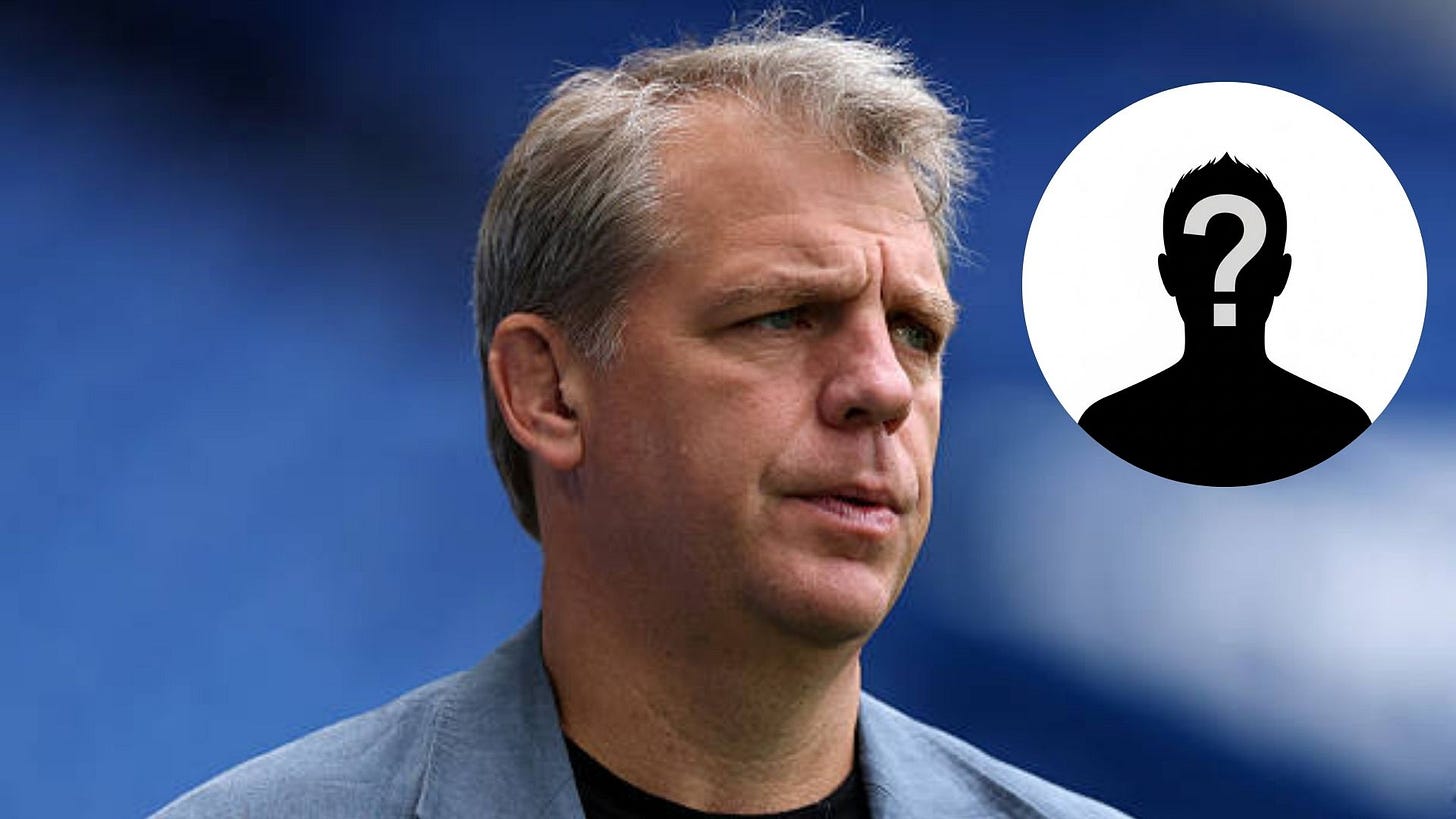 Todd Boehly looks on with overlay of mystery player